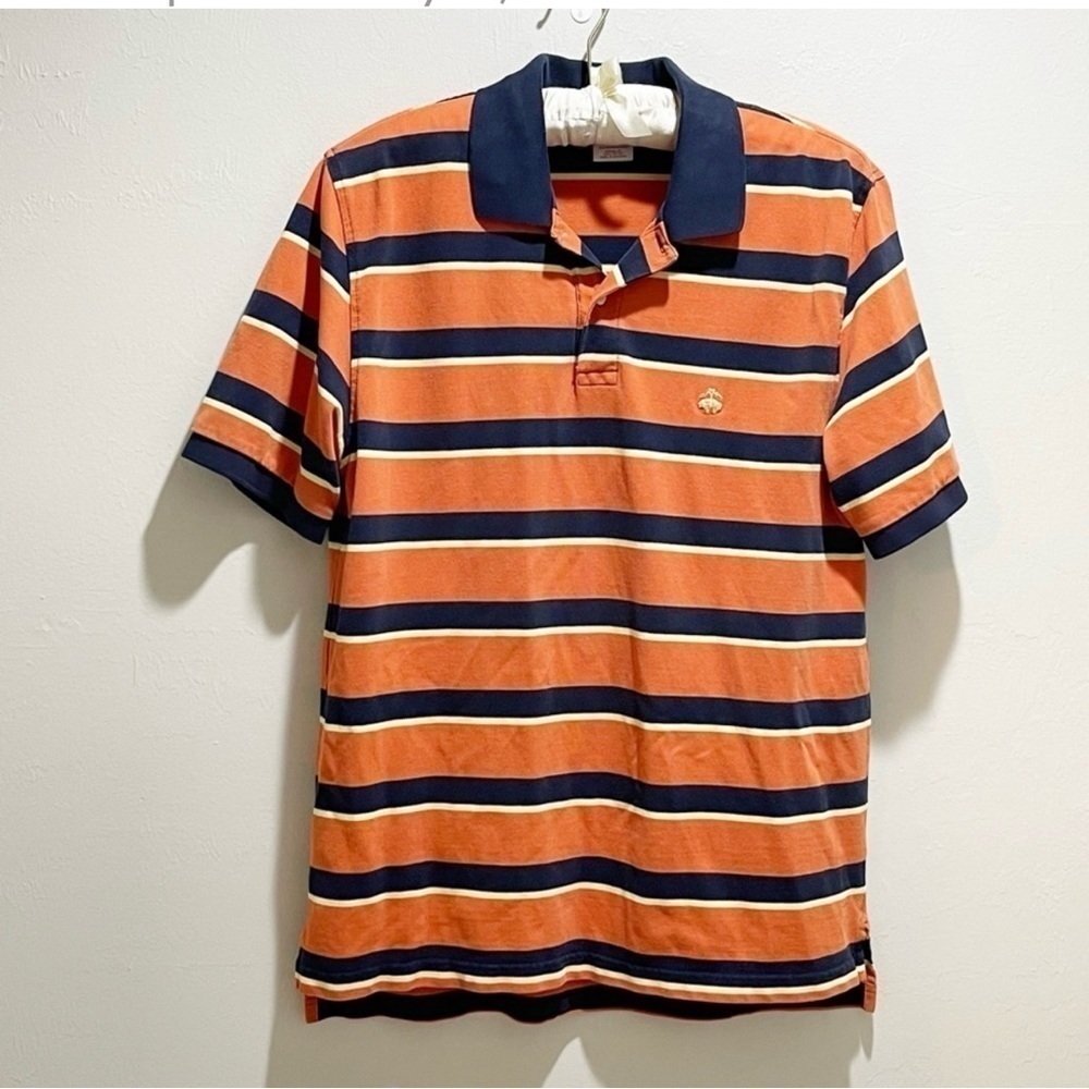BROOKS BROTHERS Mens ORIGINAL FIT PERFORMANCE POLO SHIRT Blue Orange Stripe L